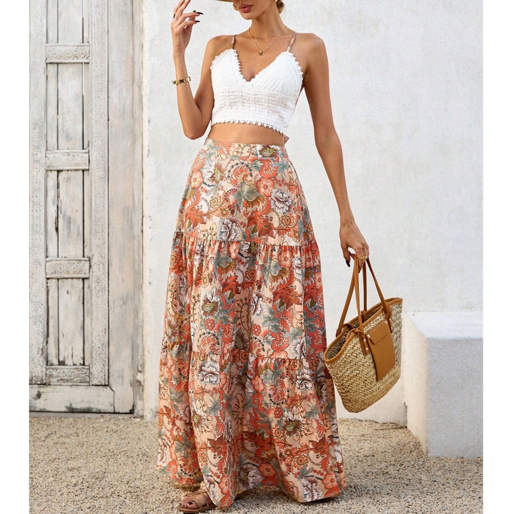 Boho Floral Print Crochet Back Tie Cami Crop Top maxi Skirt Set - Picture 1 of 6